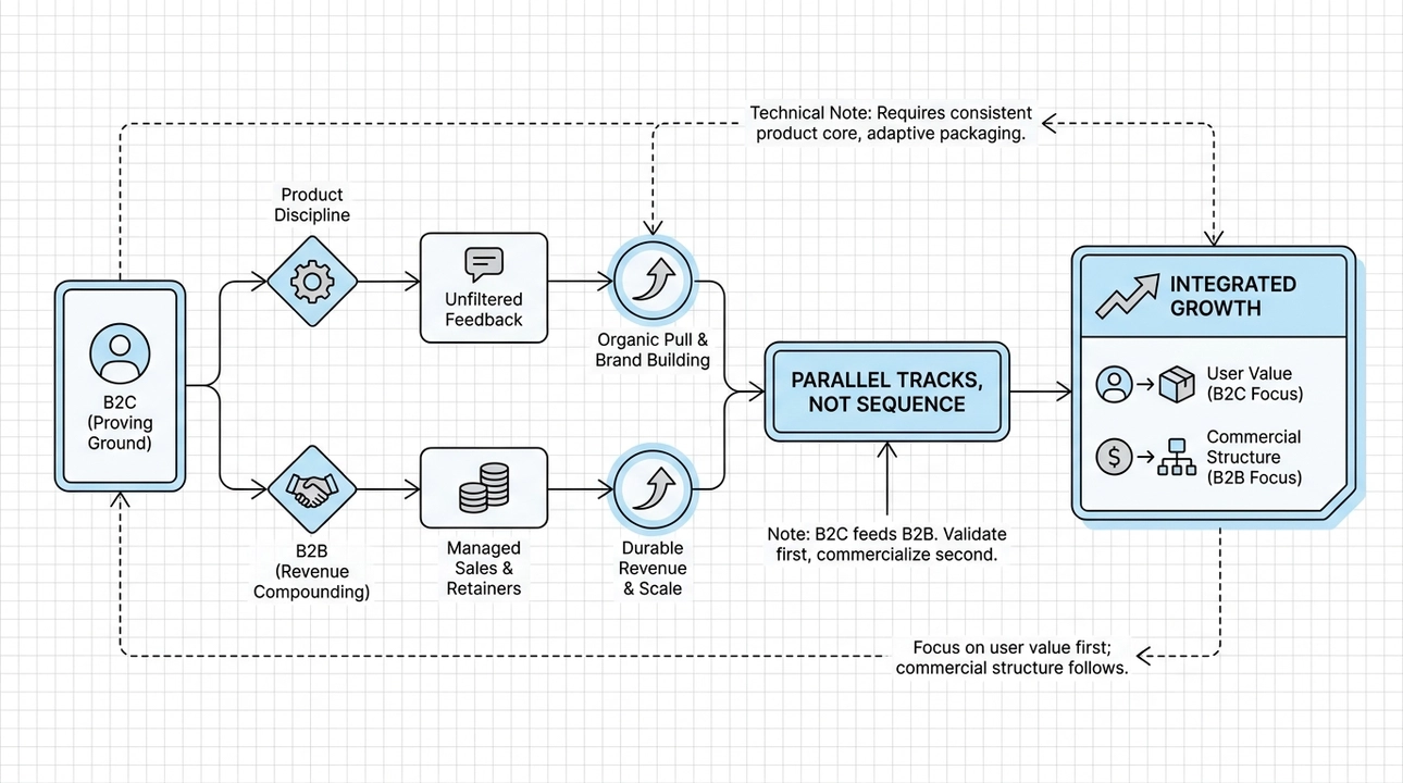 B2C and B2B: Parallel paths for product validation and revenue.