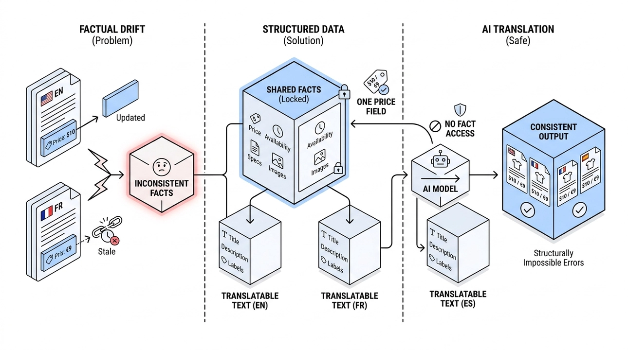 Shared facts, translated text: consistent multilingual product data.